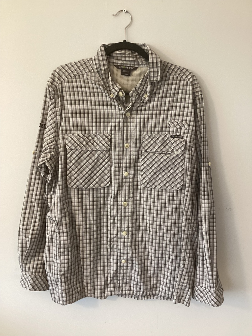 Exofficio Men’s Gray and White Plaid Button-Down Shirt Resort